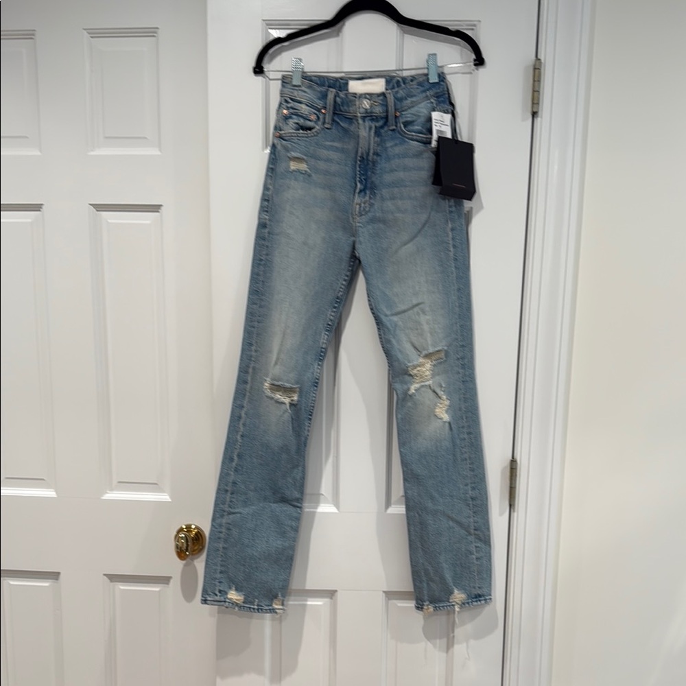 MOTHER Blue Straight Leg Jeans with Distressed Details